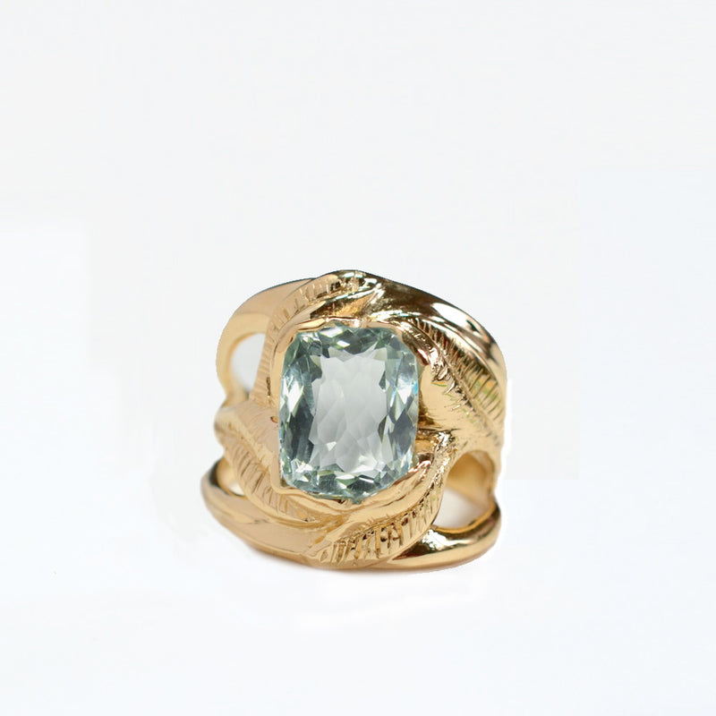 CAHYA Handcarved Botanical Cocktail Ring with faceted cushion-cut gemstone