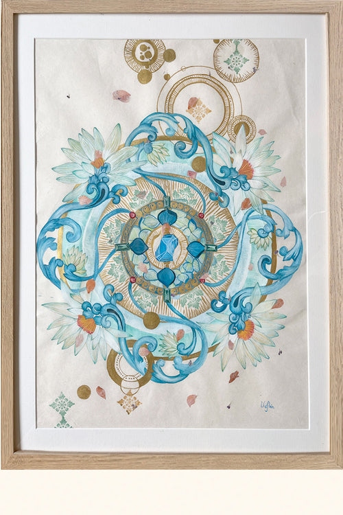 FLOW IN SERENITY - Botanical Mandala Bali - mixed-media original art - Victoria von Stein Design