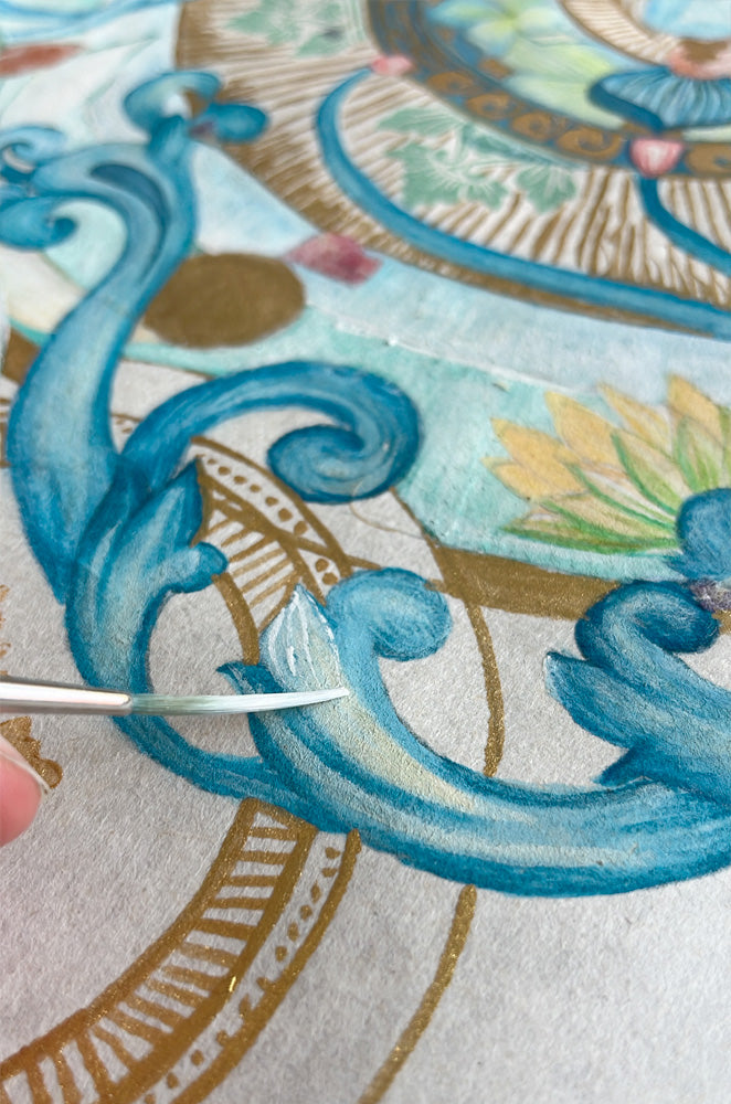 FLOW IN SERENITY - Botanical Mandala Bali - mixed-media original art - Victoria von Stein Design