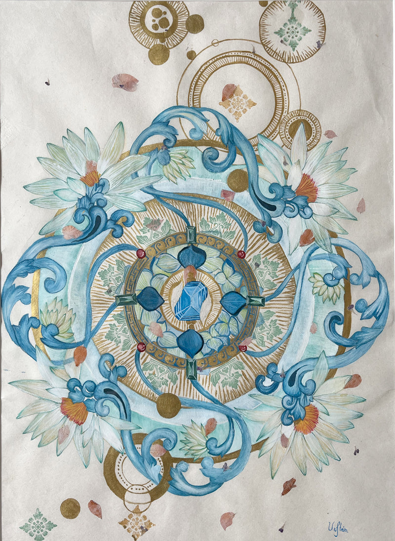 FLOW IN SERENITY - Botanical Mandala Bali - mixed-media original art - Victoria von Stein Design