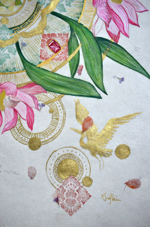 bamboo leave and pink lotus details