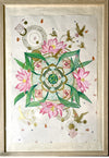 Decorative artwork with pink  lotus flowers, bamboo leaves, and abstract patterns on a beige background. wooden frame