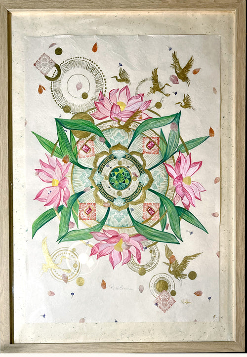 Decorative artwork with pink  lotus flowers, bamboo leaves, and abstract patterns on a beige background. wooden frame