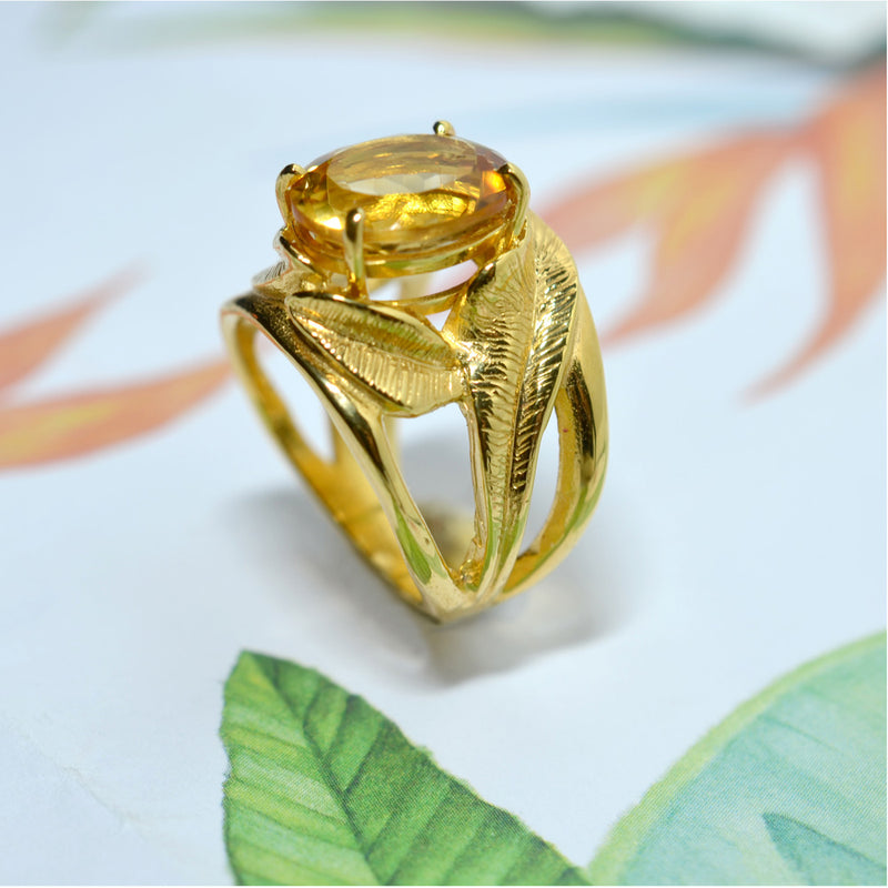 INDAH Handcarved Botanical Leaf Ring with a Gemstone - Victoria von Stein Design