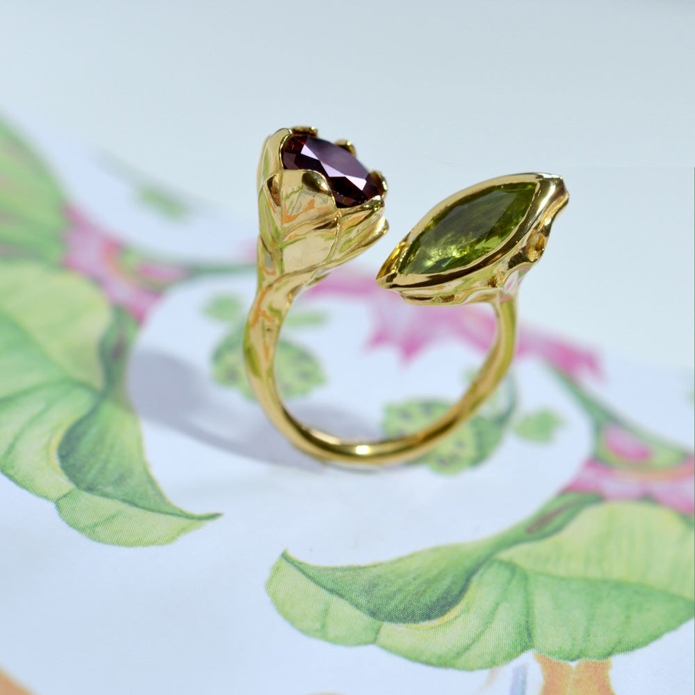 SARASWATI Handcarved Lotus Duo Ring with Gemstones - Victoria von Stein Design