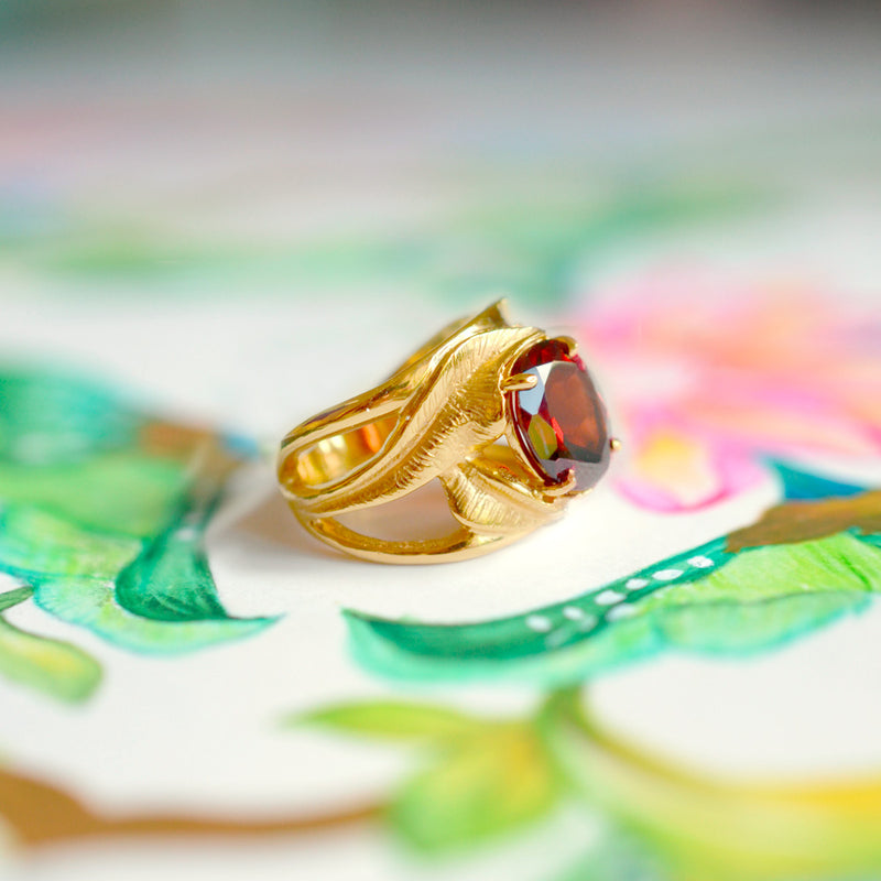 INDAH Handcarved Botanical Leaf Ring with a Gemstone - Victoria von Stein Design
