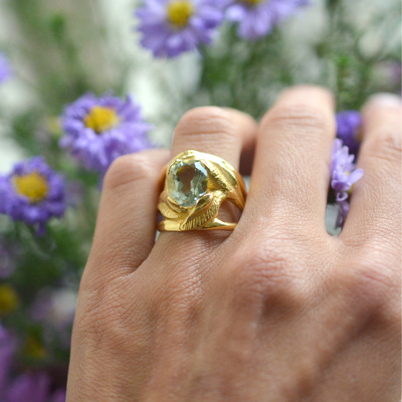 CAHYA Handcarved Botanical Cocktail Ring with Cushion Cut Gemstone - Victoria von Stein Design