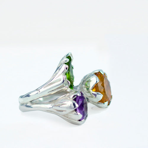 LILY Handcarved Waterlilies Cocktail Ring Trio with Amethyst, Citrine and Peridot - ONE-OFF - Victoria von Stein Design