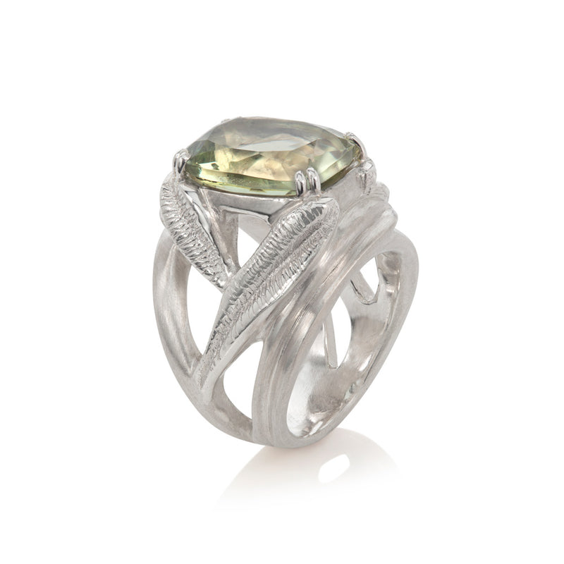 BANYU Handcarved Botanical Cocktail Ring with cushion-cut Green Amethyst