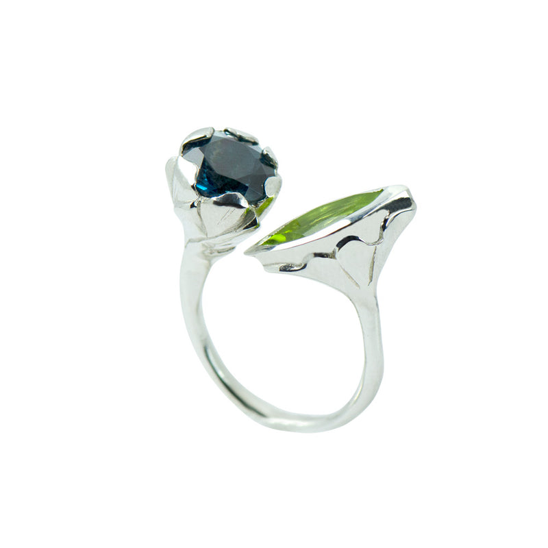 SARASWATI Lotus Handcarved Botanical Duo Ring with Gemstones - Victoria von Stein 