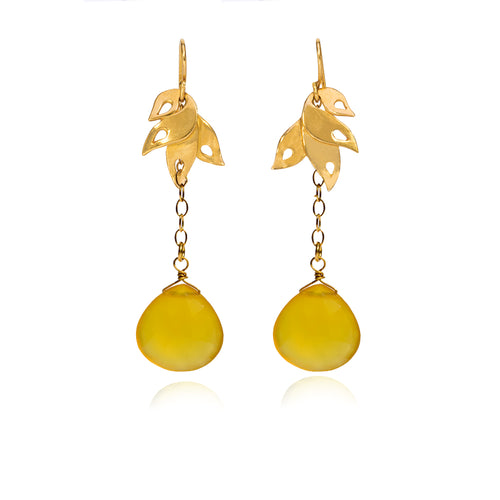 Alappuzha Tropical Leaf Long Earrings - Yellow Chalcedony -Victoria von Stein