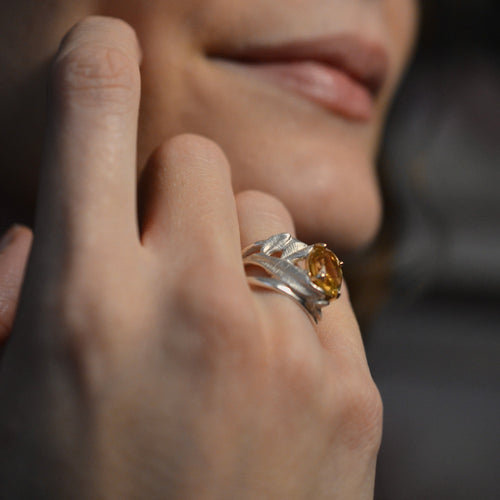 INDAH Handcarved Botanical Leaf Ring with a Gemstone - Victoria von Stein Design