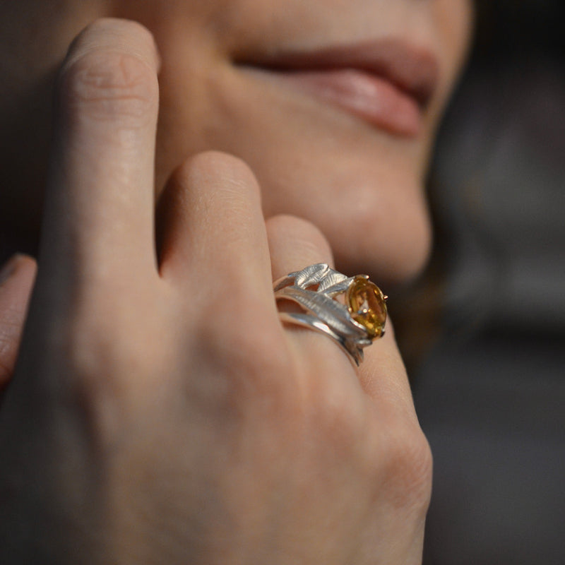 INDAH Handcarved Botanical Leaf Ring with a Gemstone - Victoria von Stein Design