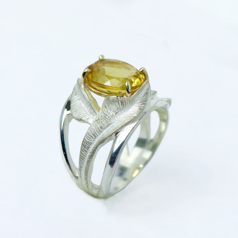 INDAH Handcarved Botanical Leaf Ring with a Gemstone - Victoria von Stein Design