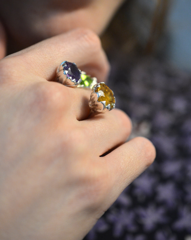 LILY Handcarved Waterlilies Cocktail Ring Trio with Amethyst, Citrine and Peridot - ONE-OFF - Victoria von Stein Design