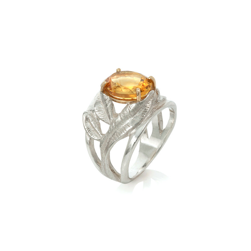 INDAH Handcarved Botanical Leaf Ring with a Gemstone - Victoria von Stein Design