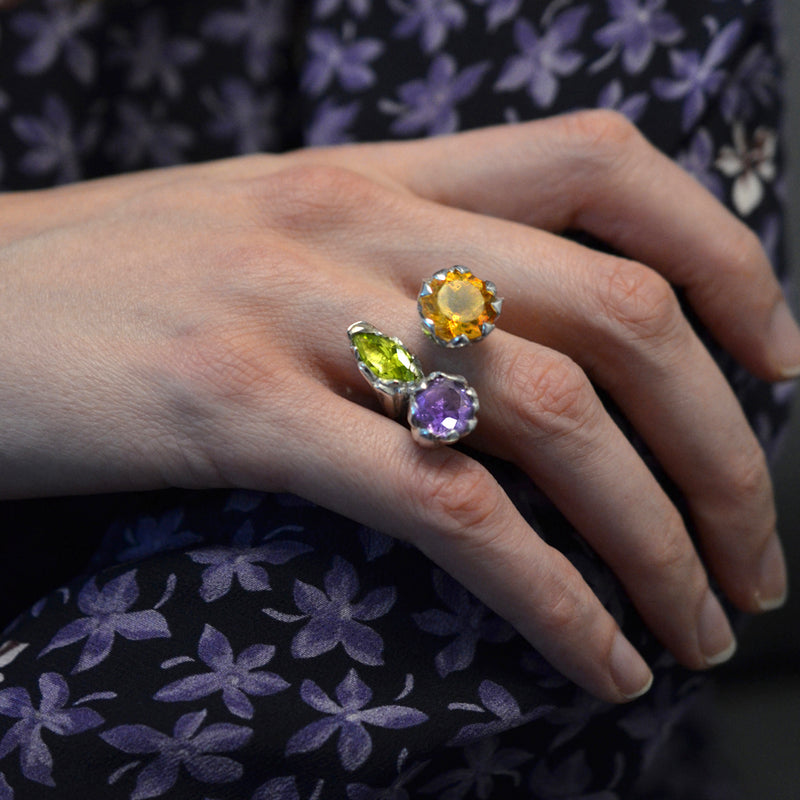 LILY Handcarved Waterlilies Cocktail Ring Trio with Amethyst Citrine and Peridot ONE OFF Victoria von Stein Design
