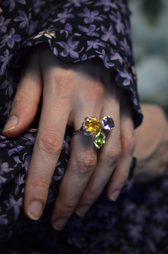 LILY Handcarved Waterlilies Cocktail Ring Trio with Amethyst, Citrine and Peridot - ONE-OFF - Victoria von Stein Design
