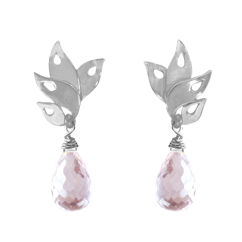 Alappuzha Tropical Leaf Earrings with Rose Quartz - Silver - Victoria von Stein