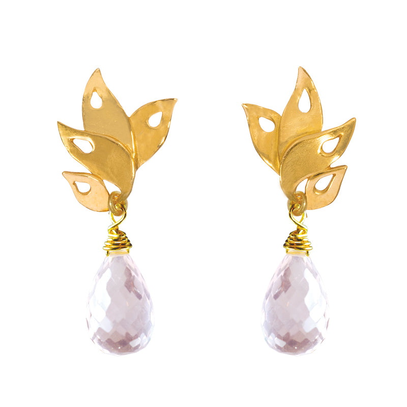 Alappuzha Tropical Leaf Drop Earrings with Rose Quartz - Gold - Victoria von Stein